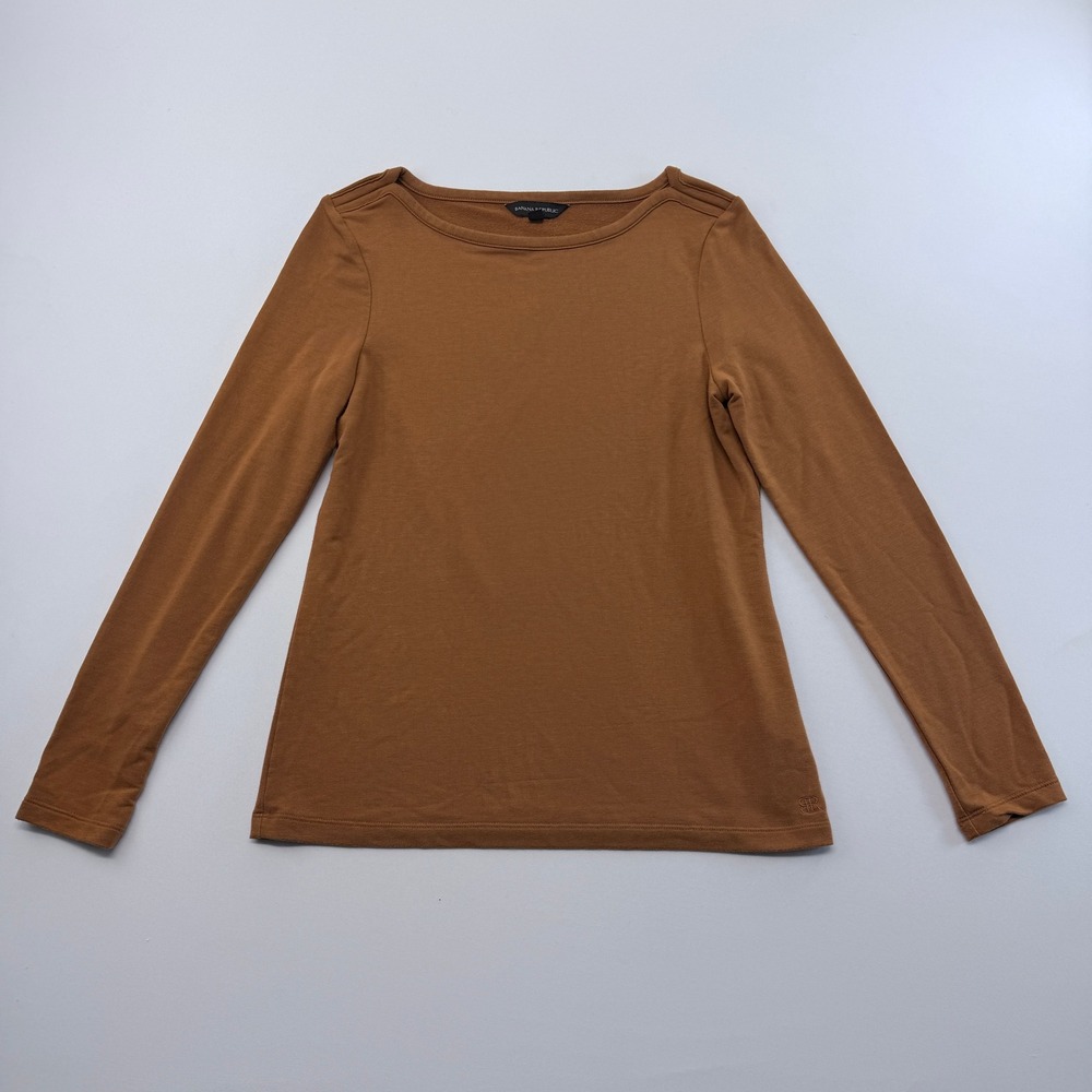 Banana Republic Womens XS Brown Boat Neck Long Sleeve Pleated Shoulder Top